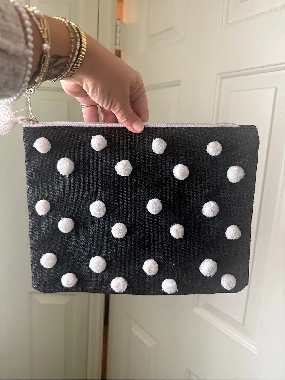 mudpie Black & White Pom-Pom Polka Dot Clutch Like New